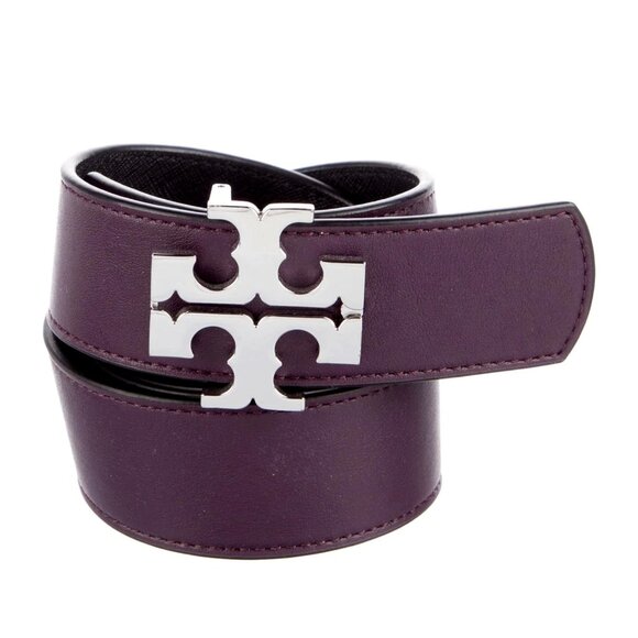 Tory Burch Logo Reversible Two Sided Belt Kit Black Purple Leather XS
